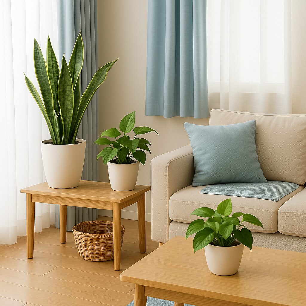 リビングに飾られた観葉植物（サンスベリアやポトス）が湿気を吸収し、空間を清潔で爽やかに整えている様子。