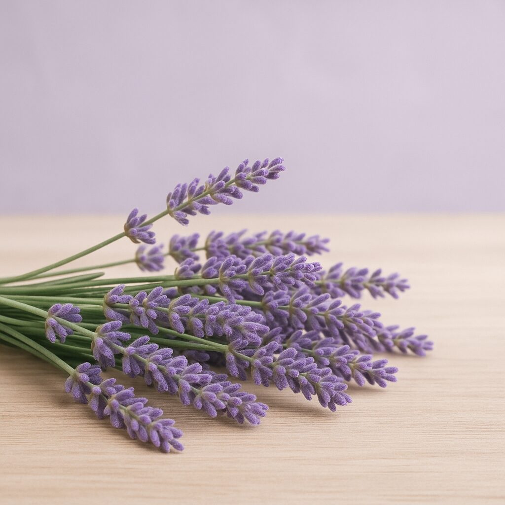 「木のテーブルに束ねて置かれた新鮮なラベンダーの花。淡い紫色の花穂が心地よい香りを漂わせている。」