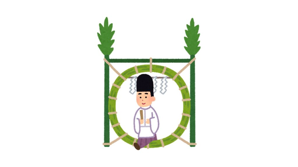 神職の姿をした人物が、茅の輪の中央に立っているイラスト。左右に青々とした葉が飾られた大きな輪が描かれている。