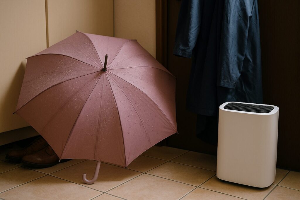 雨で濡れた傘と、その近くに設置された除湿機が玄関に置かれている様子。湿気対策と風水を意識した空間の写真。