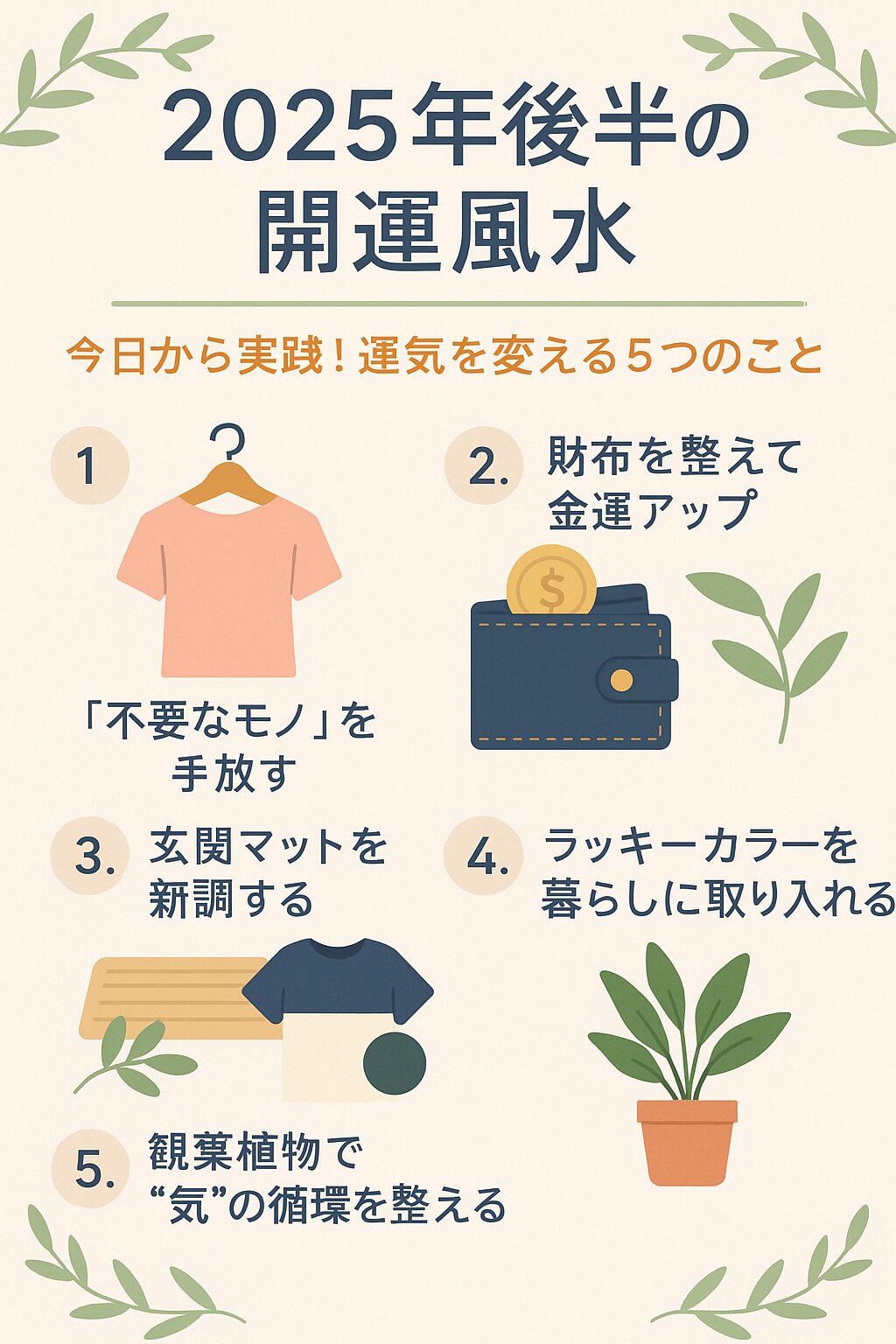 ラッキーカラーや観葉植物で2025年下半期の開運を目指す風水的暮らしのイメージ