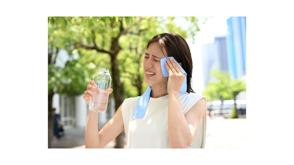 夏本番の8月、強い日差しの中で汗を拭いながら水分補給する女性。暑さと湿気で体も心も疲れやすい時期の象徴。