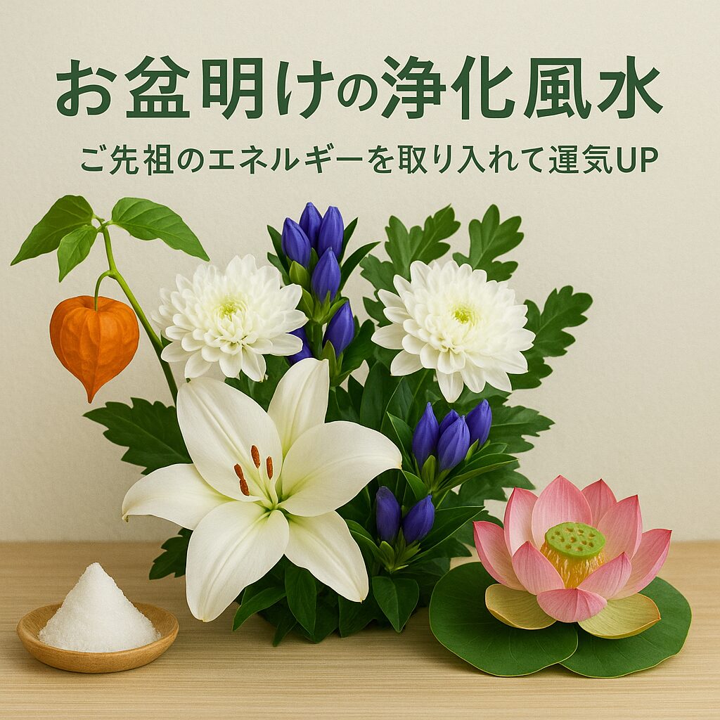 「お盆明けの浄化風水｜菊・ユリ・リンドウ・ほおずき・ハスの花と盛り塩で運気アップする写真」