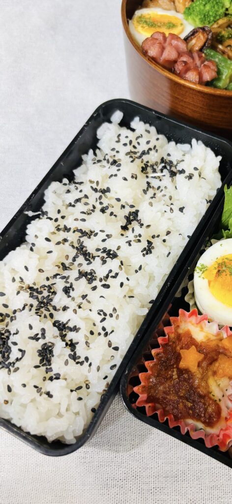白いご飯の上に黒ごまを散らしたごま塩のお弁当